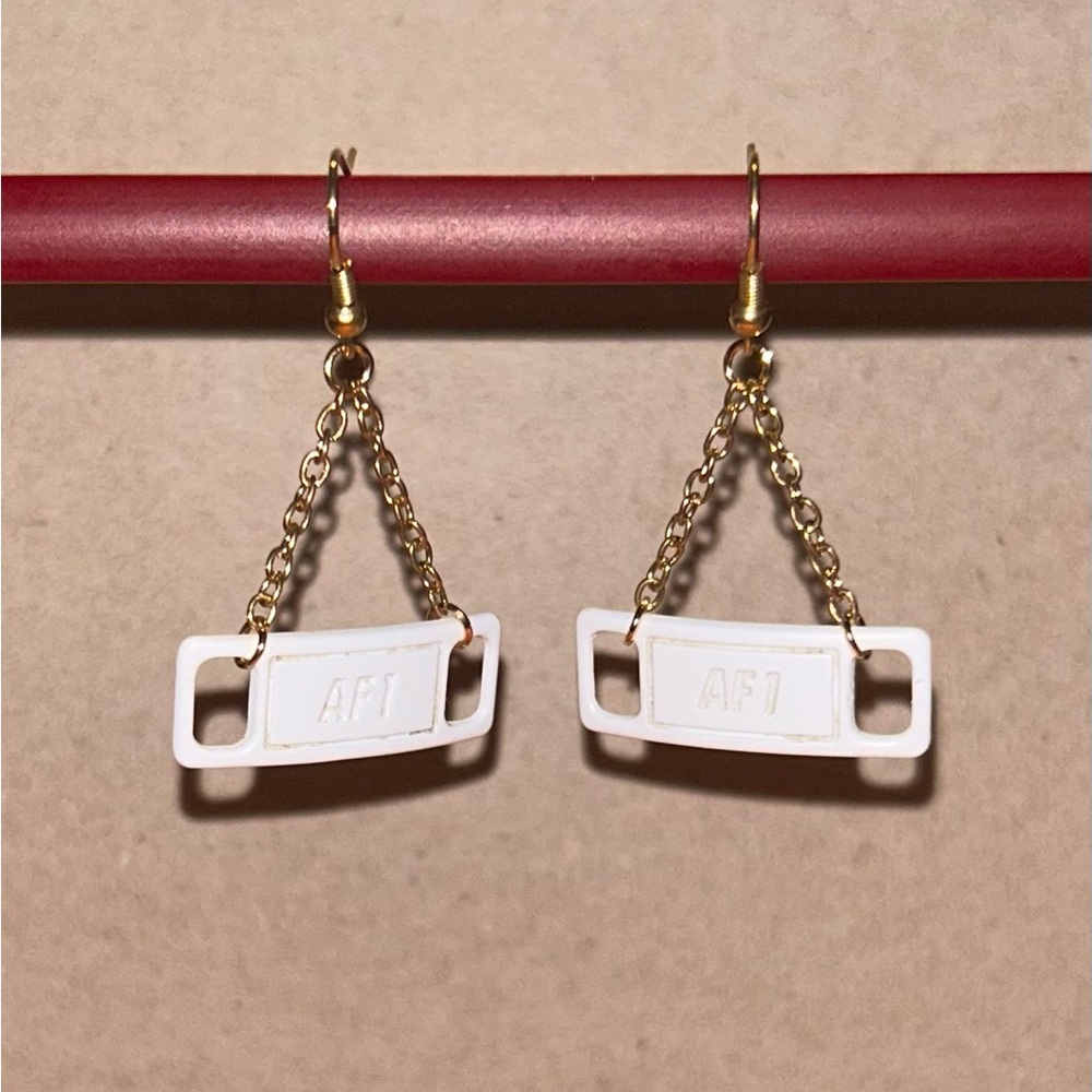 White AF1 Earrings with Gold Chain